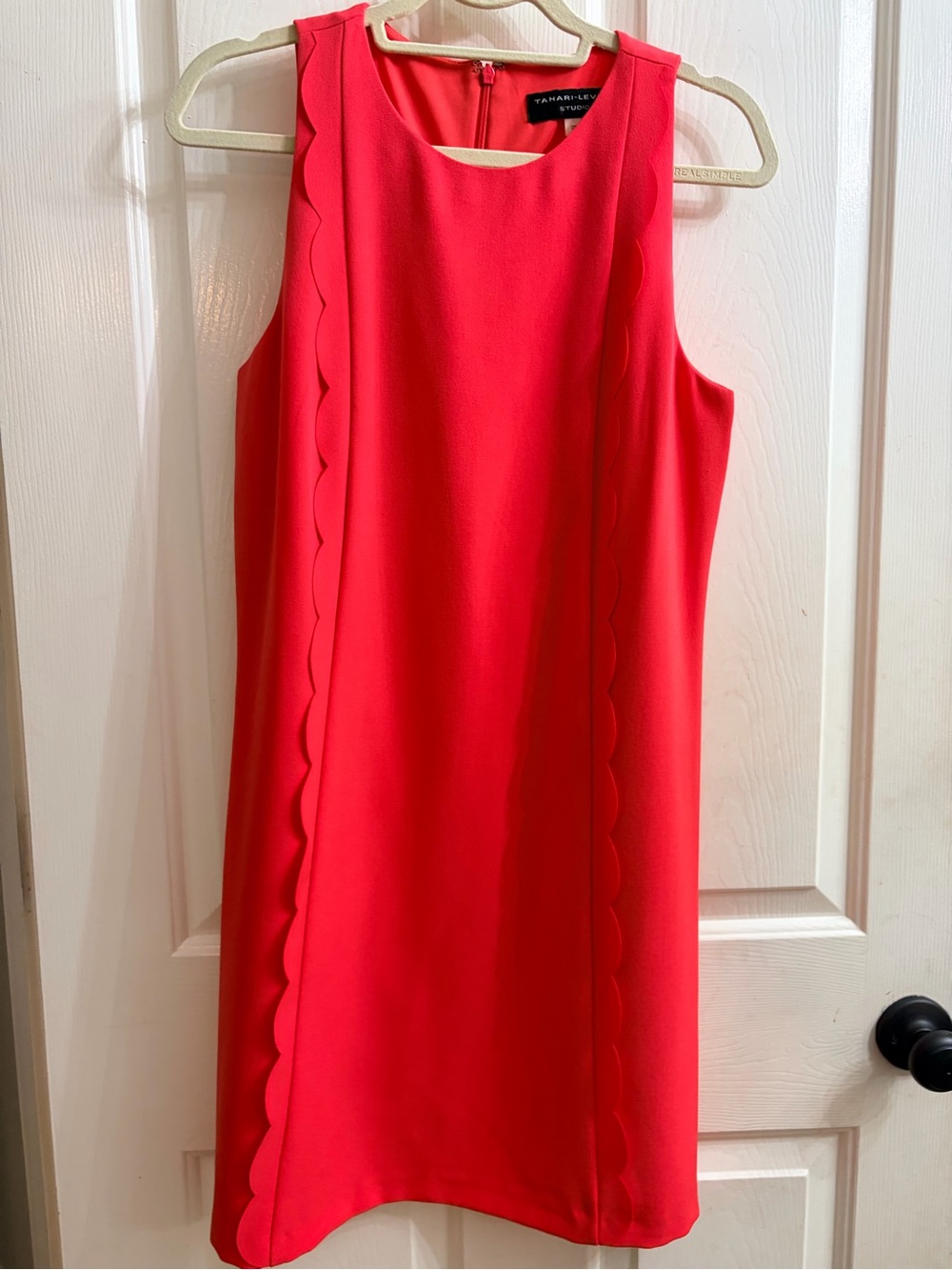 Tahari ASL Sleeveless Scalloped Shift Dress in Coral